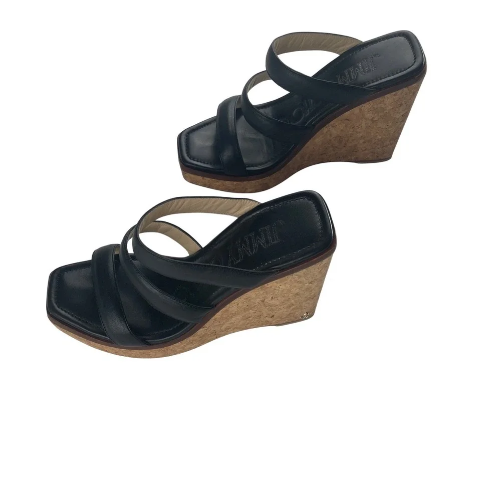 Jimmy Choo Athena‎ Black Leather Cork Wedge Platform Sandals Slides 37.5/US 7.5